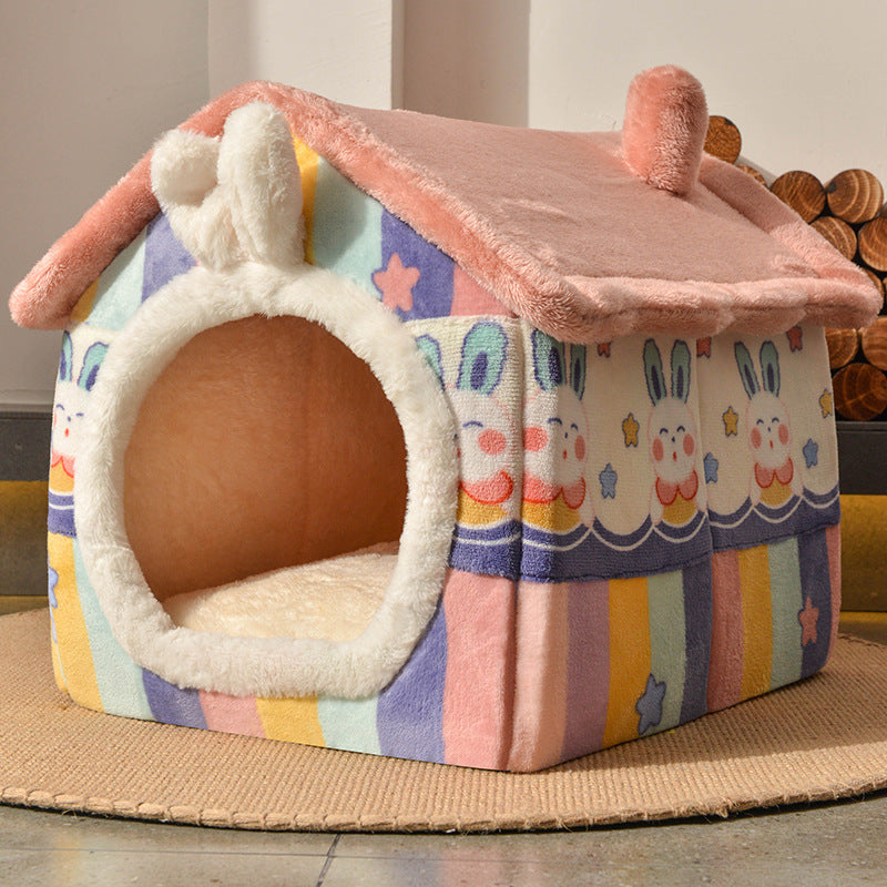 Cozy Enclosed Pet House Bed – Warm Plush Dog & Cat Cave with Removable Washable Cushion | Anti-Anxiety Winter Pet Shelter (S–L)
