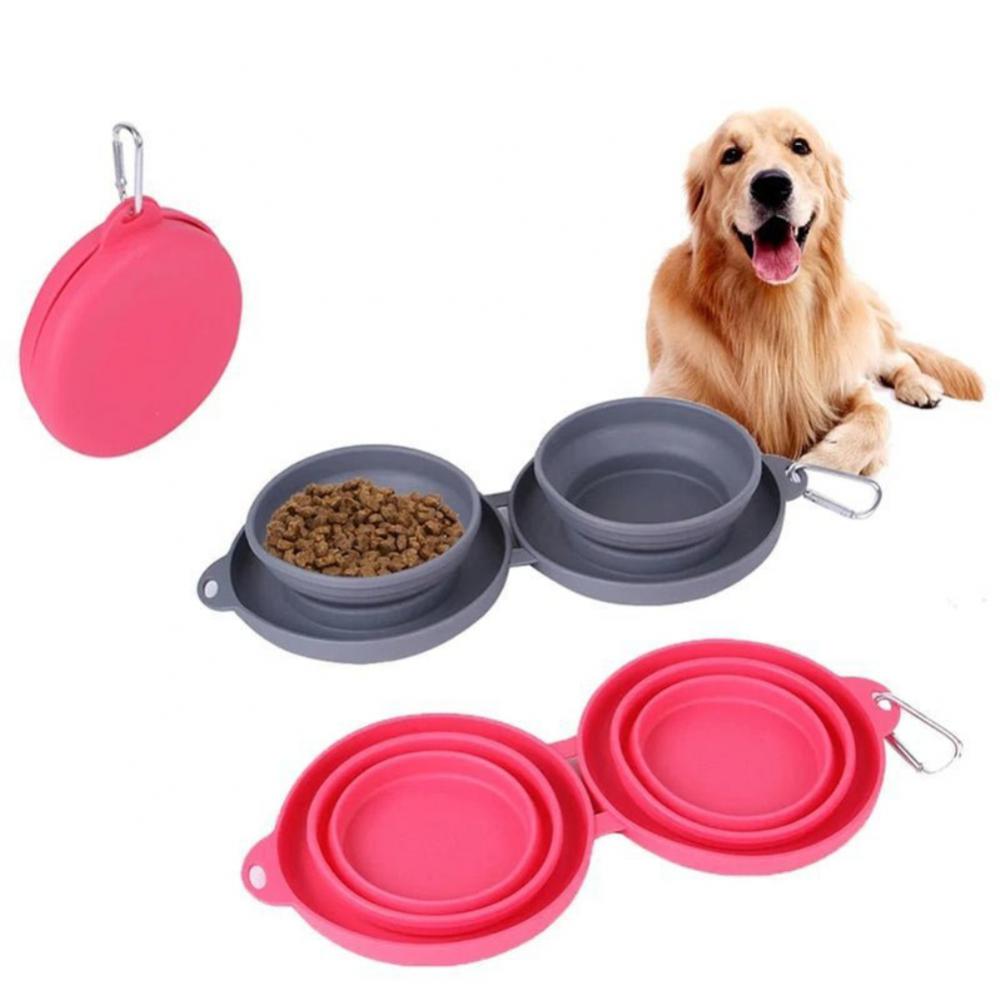 Foldable Double Dog Bowl  Portable Silicone Pet Feeding & Water Bowl Set | Non-Slip Travel Bowl for Dogs & Cats