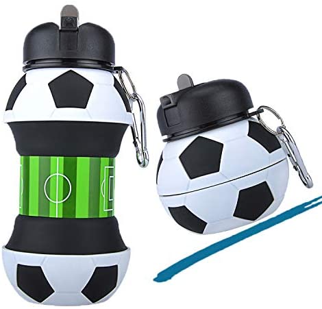 Soccer Ball Silicone Water Bottle Foldable Collapsible Sports Bottle with Straw for Kids & Outdoor Travel (Leak-Proof 18oz)