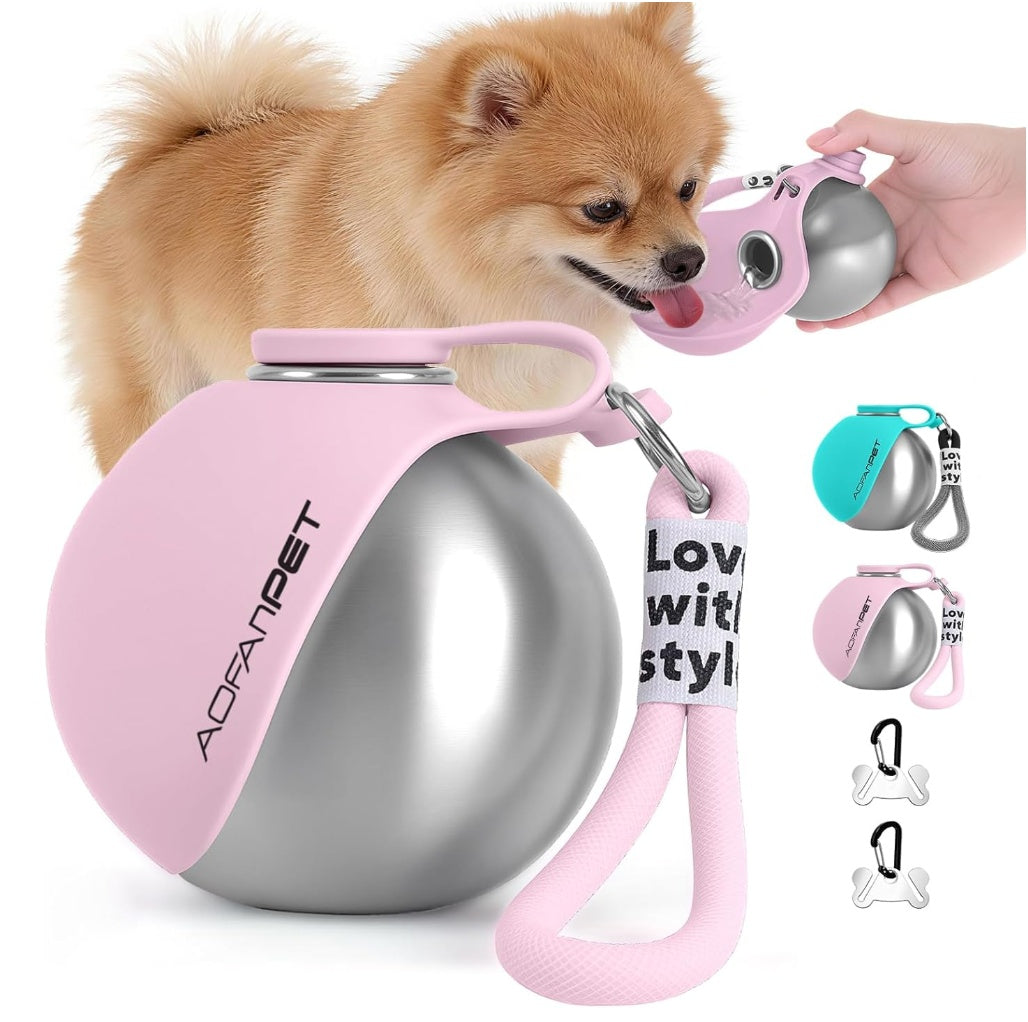 Portable Dog Water Bottle with Waste Bag Dispenser – Stainless Steel Pet Travel Drinking Cup for Walking, Hiking & Outdoor Use