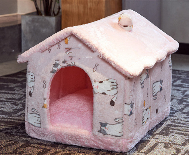 Cozy Enclosed Pet House Bed – Warm Plush Dog & Cat Cave with Removable Washable Cushion | Anti-Anxiety Winter Pet Shelter (S–L)