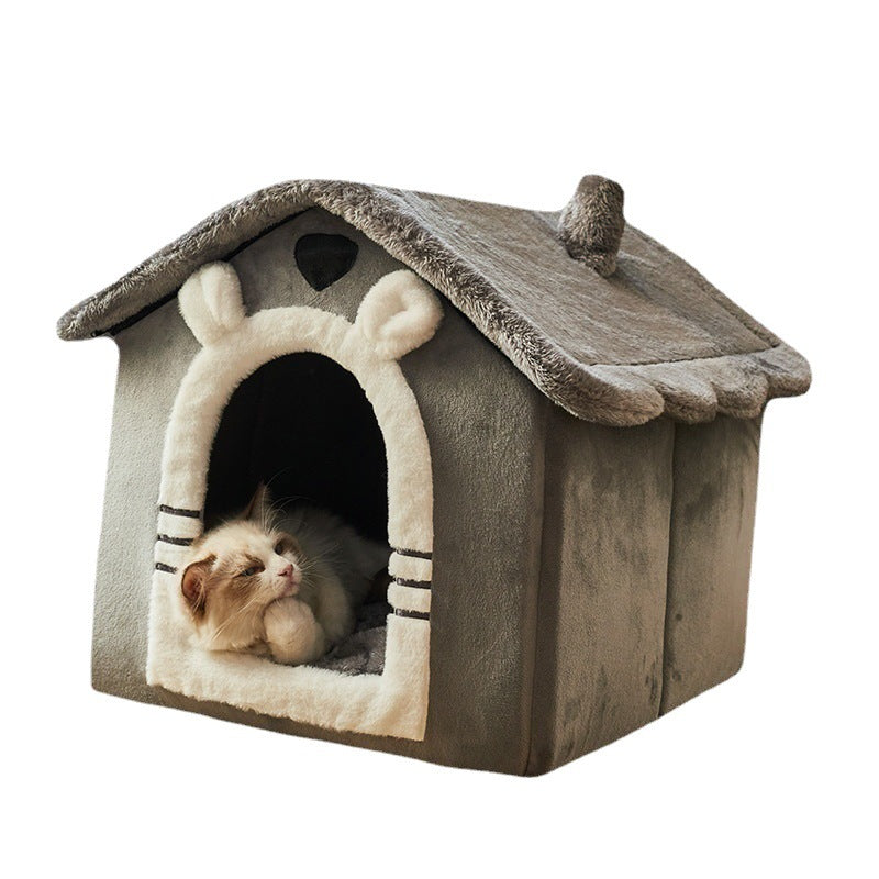 Cozy Enclosed Pet House Bed – Warm Plush Dog & Cat Cave with Removable Washable Cushion | Anti-Anxiety Winter Pet Shelter (S–L)
