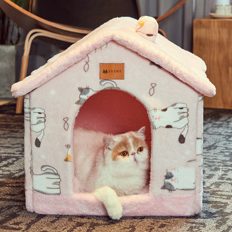 Cozy Enclosed Pet House Bed – Warm Plush Dog & Cat Cave with Removable Washable Cushion | Anti-Anxiety Winter Pet Shelter (S–L)