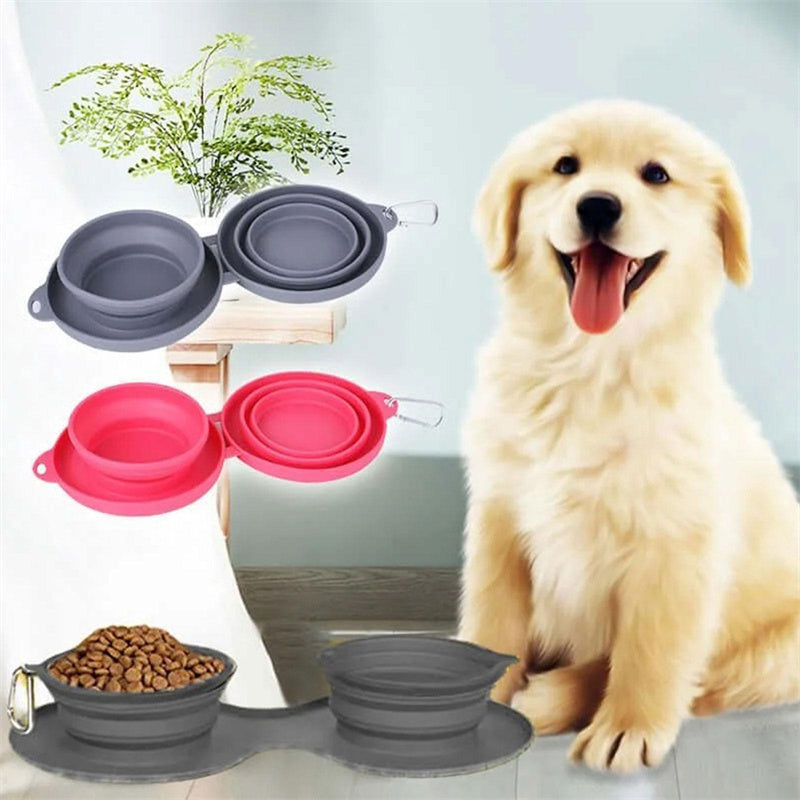 Foldable Double Dog Bowl  Portable Silicone Pet Feeding & Water Bowl Set | Non-Slip Travel Bowl for Dogs & Cats