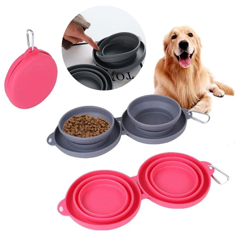 Foldable Double Dog Bowl  Portable Silicone Pet Feeding & Water Bowl Set | Non-Slip Travel Bowl for Dogs & Cats