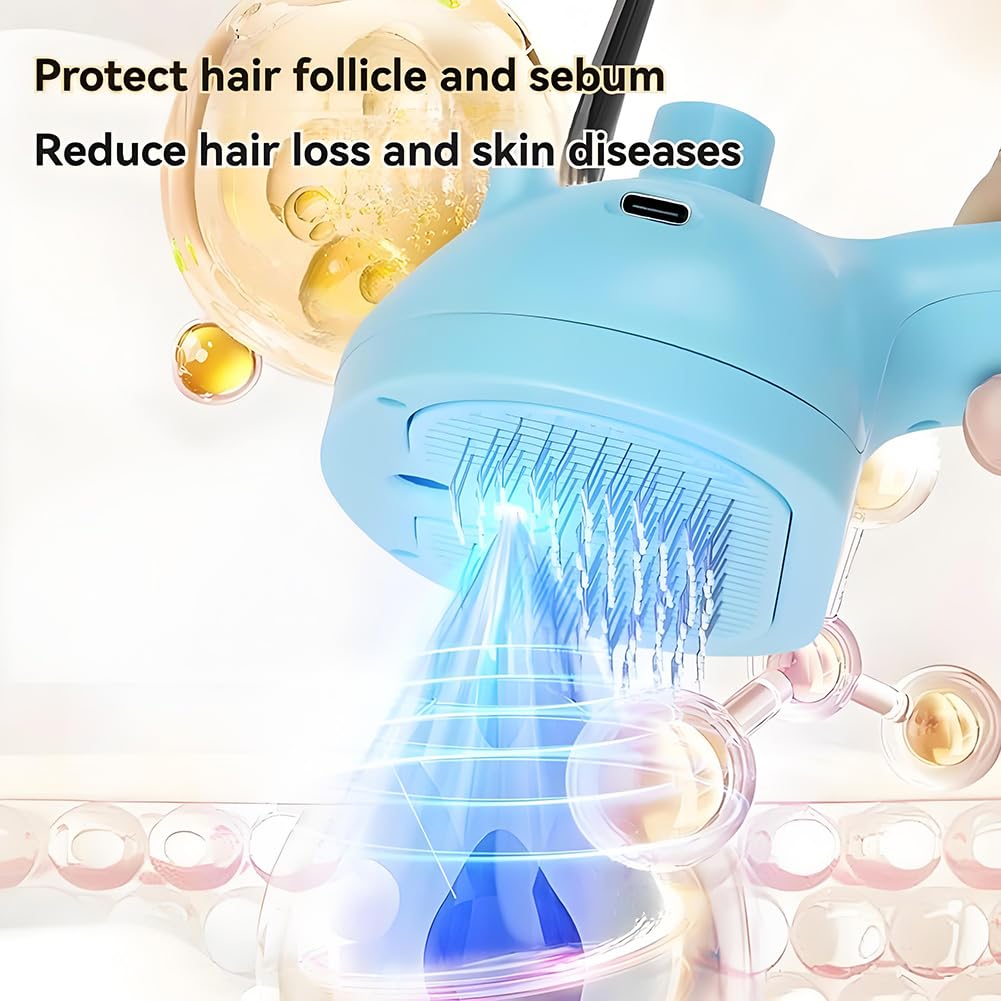 Blue device with text about protecting hair follicles, reducing hair loss, and skin diseases on a light background.