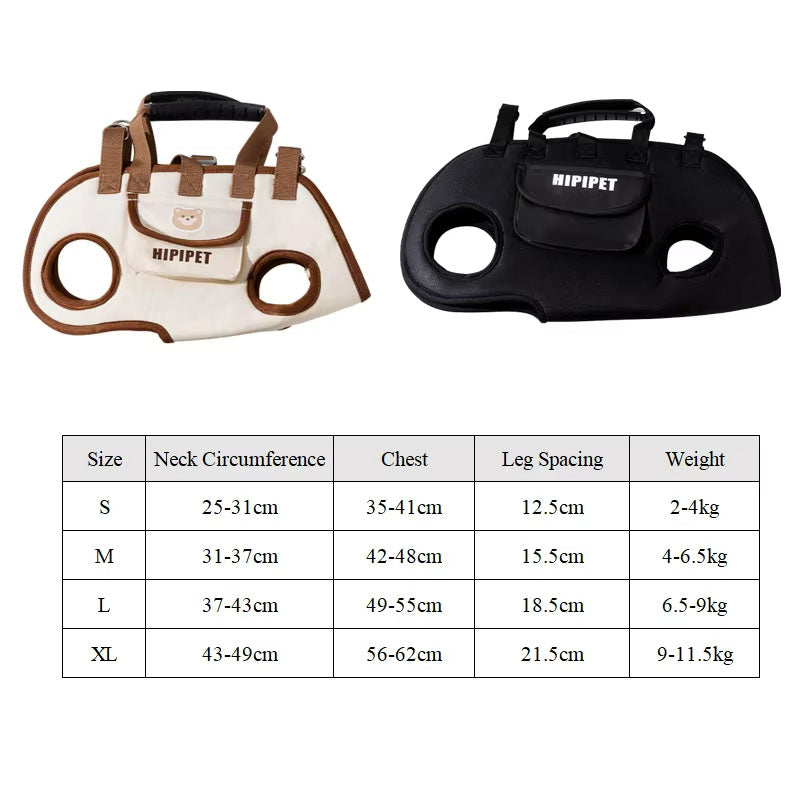 Two dog harnesses, one beige and one black, with HIPIPET branding, and a size chart below on a white background.