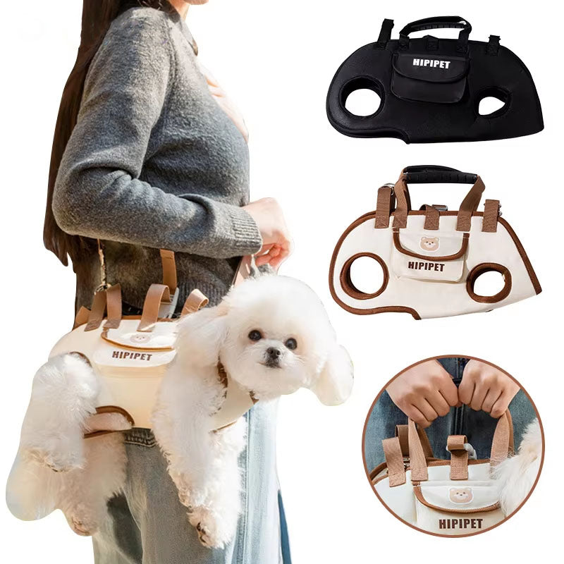 Dog carrier with a small white dog, shown on a person and in close-up, with HIPIPET branding.