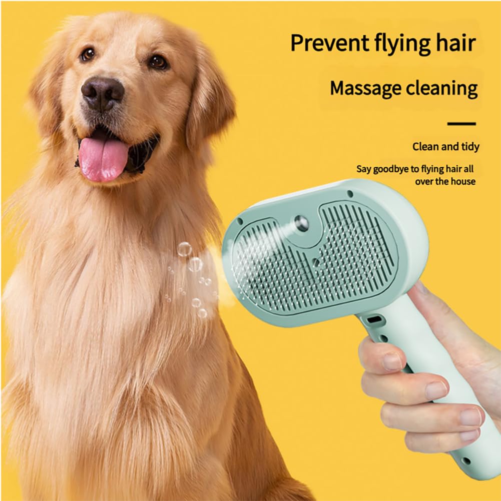 Dog with long fur next to a grooming brush on a yellow background