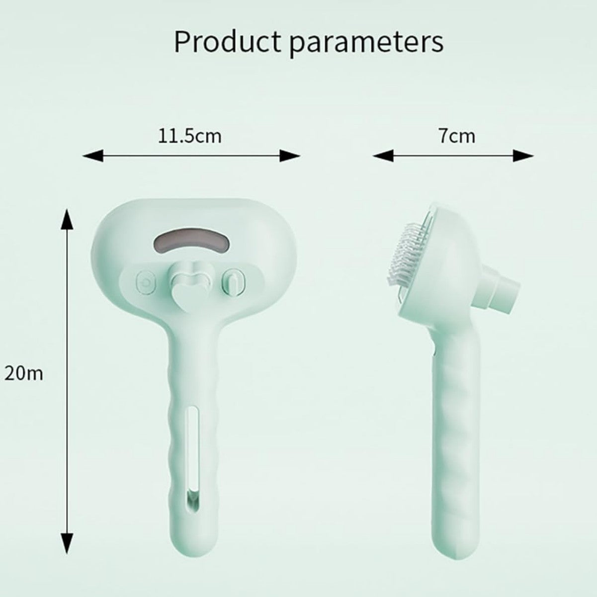 Measurement chart of a handheld cleaning tool with dimensions labeled.