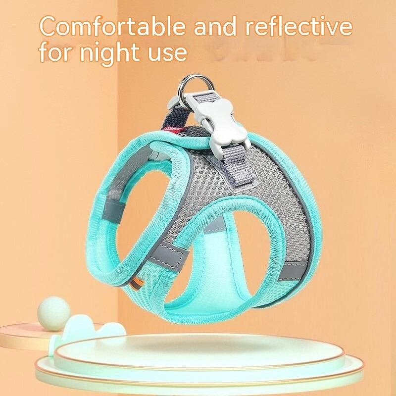 Pet harness with reflective material on a peach background