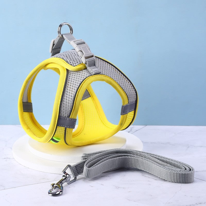 Pet harness with reflective material on a  yellow