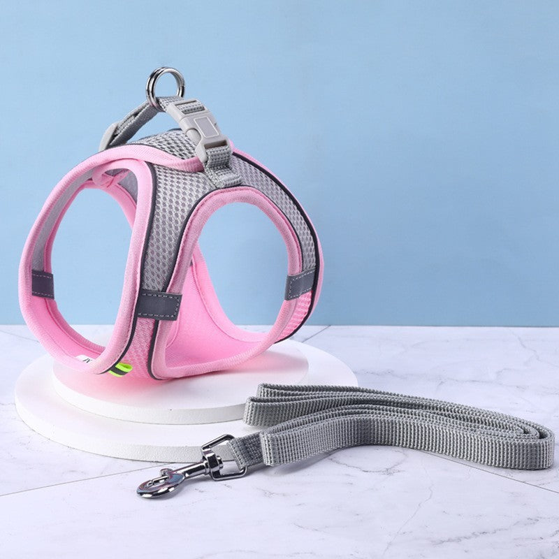 Pink and gray dog harness with a matching leash on a light blue background