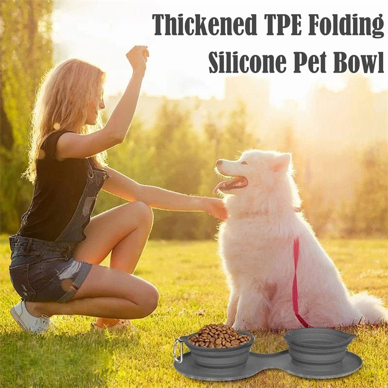 Foldable Double Dog Bowl  Portable Silicone Pet Feeding & Water Bowl Set | Non-Slip Travel Bowl for Dogs & Cats