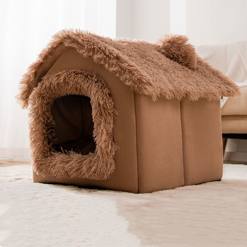 Cozy Enclosed Pet House Bed – Warm Plush Dog & Cat Cave with Removable Washable Cushion | Anti-Anxiety Winter Pet Shelter (S–L)